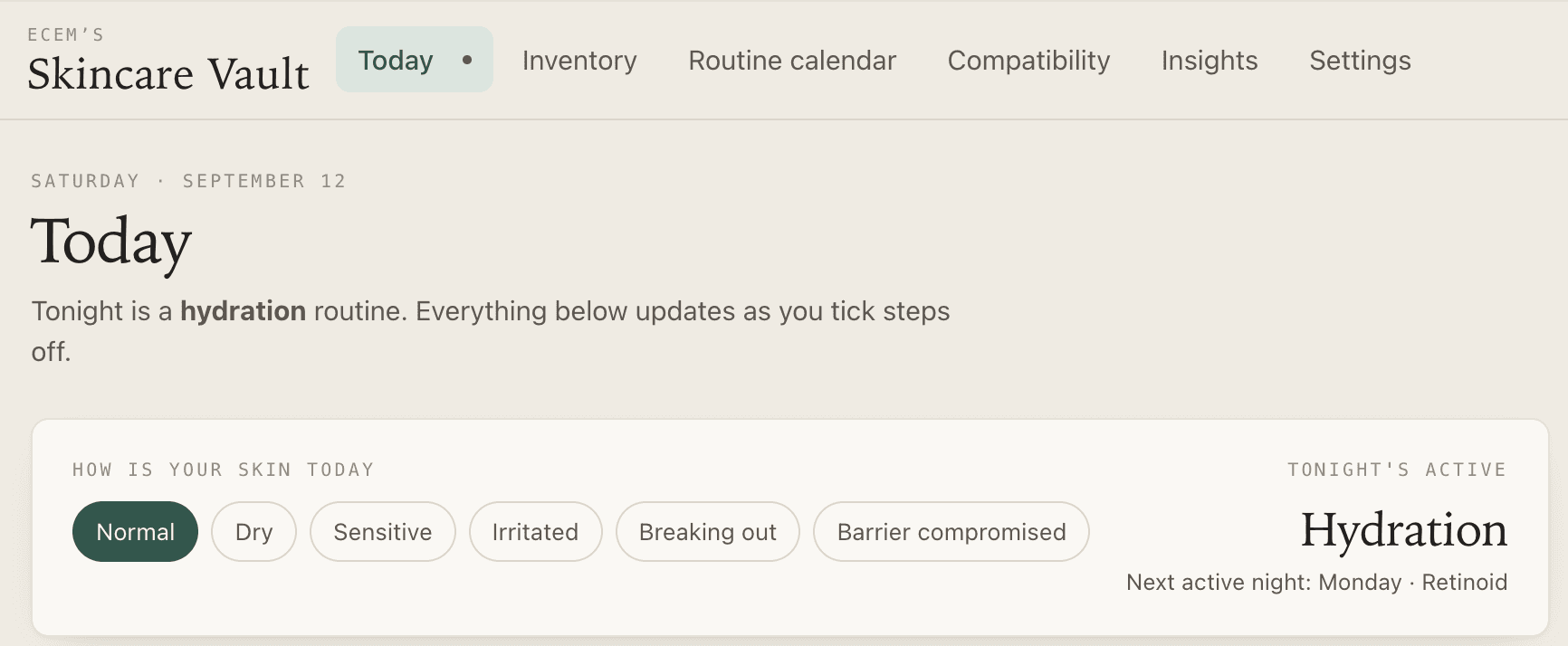 Skincare Vault personal dashboard built as an interactive site